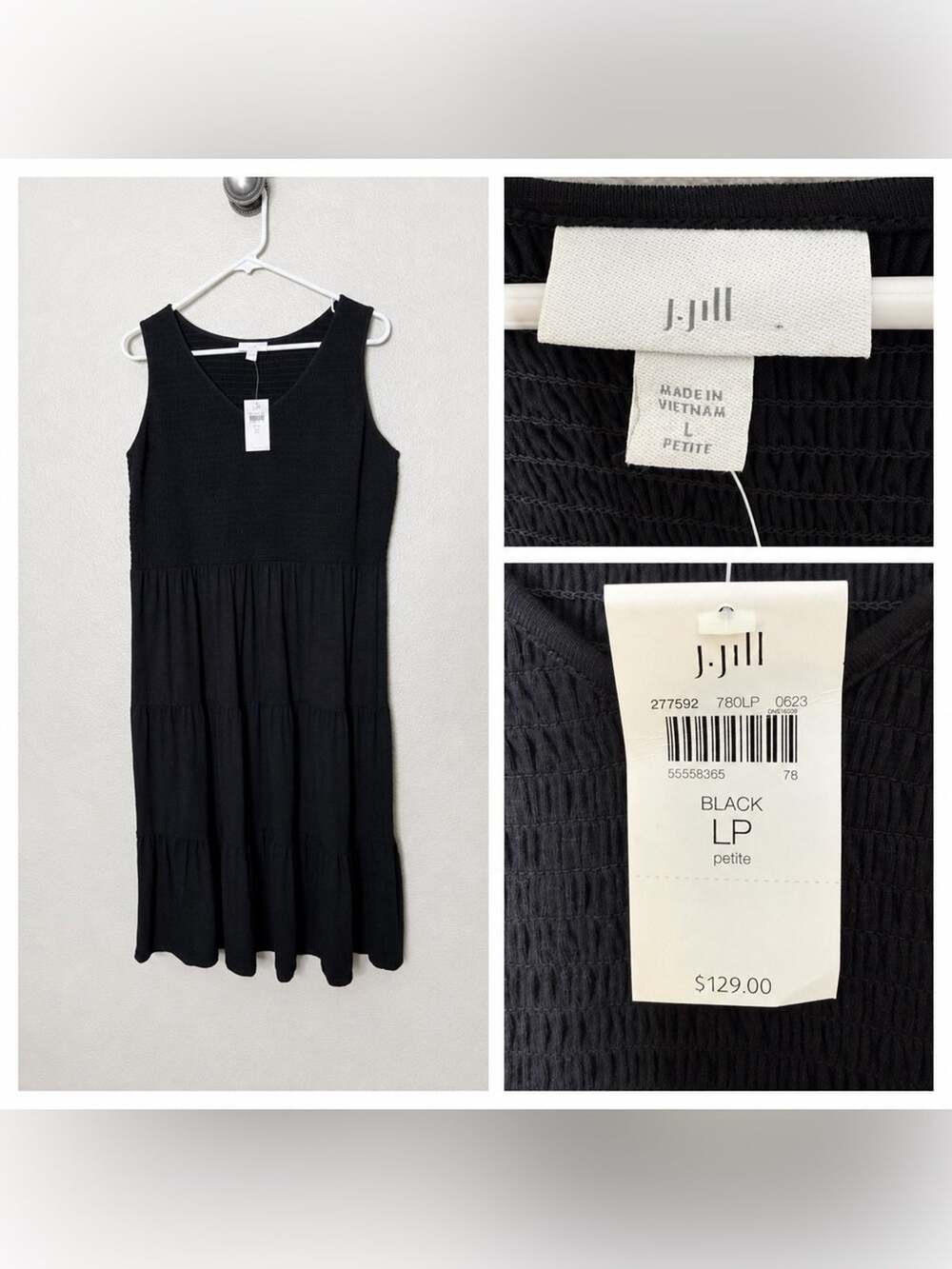 J.Jill Smocked Sleeveless Midi Dress Women's Size L PL Black NWT